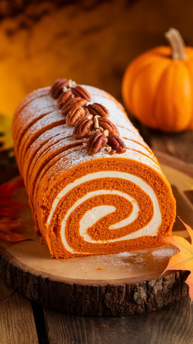 A sliced pumpkin roll cake with cream cheese filling on a wooden table, garnished with powdered sugar and pecans.